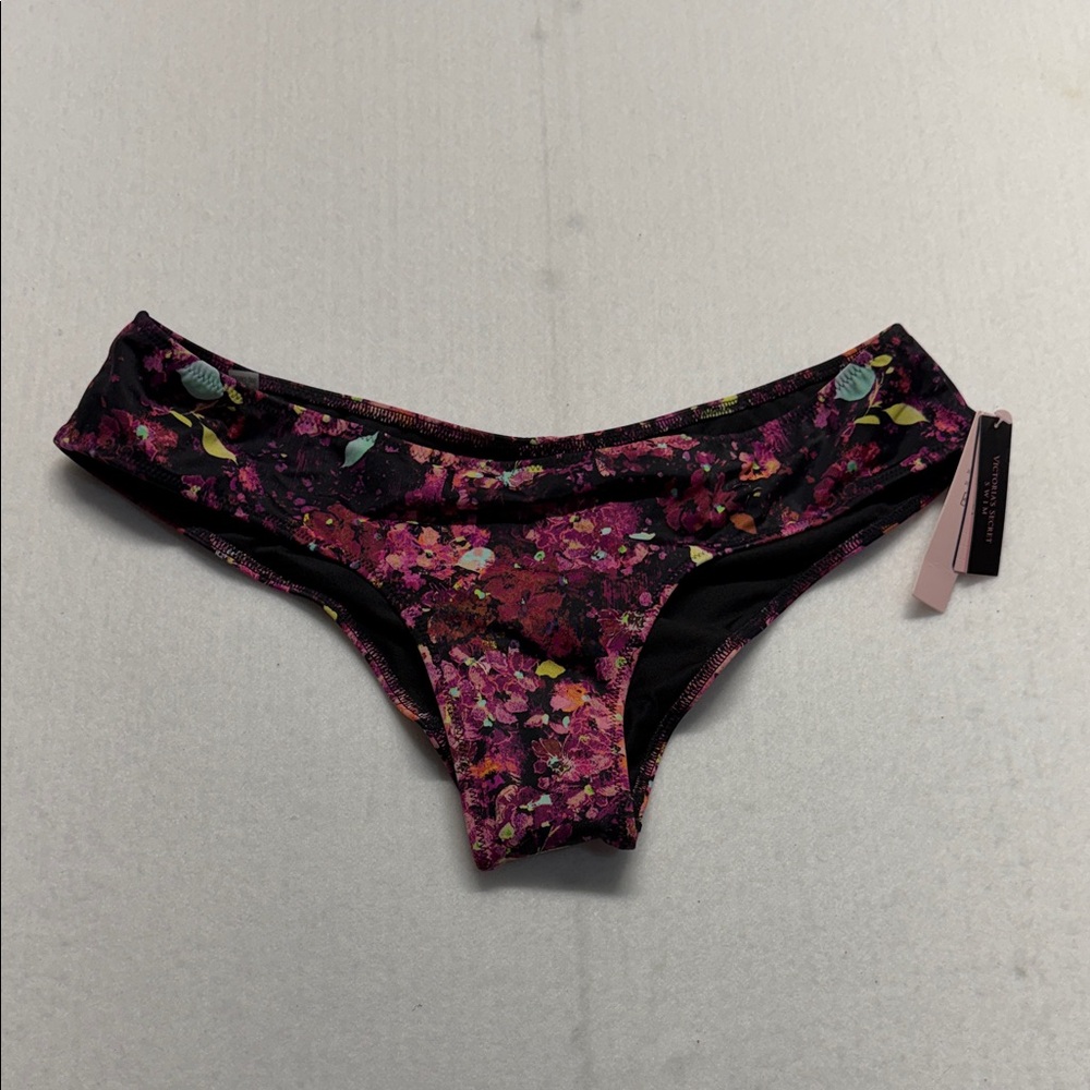Victoria's Secret Black with Pink Floral Trim swim bikini NWT M